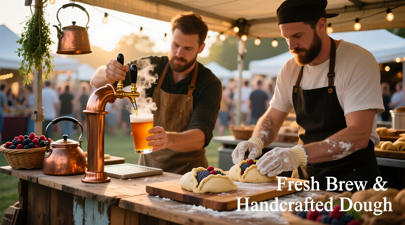 Brewer pouring craft beer beside kolache baking demonstration