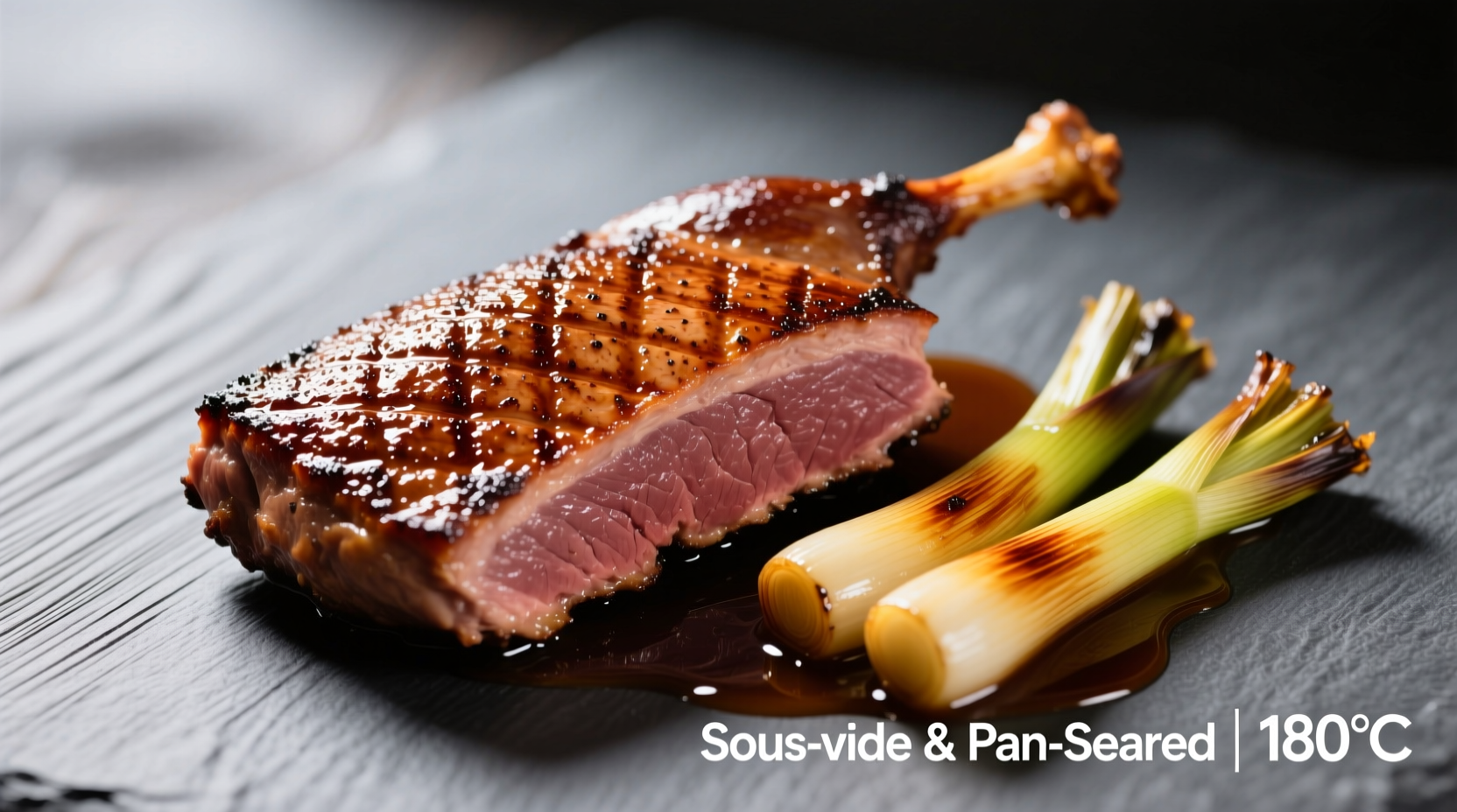Perfectly seared duck breast with golden braised leeks