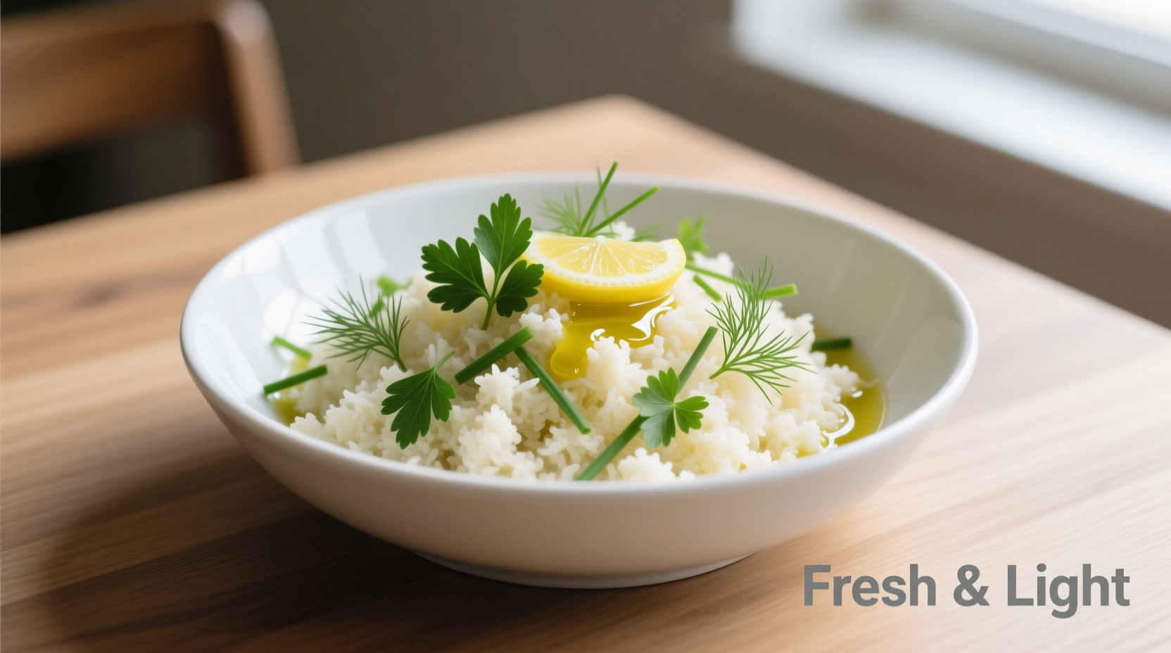 Fresh cauliflower rice in white bowl with herbs
