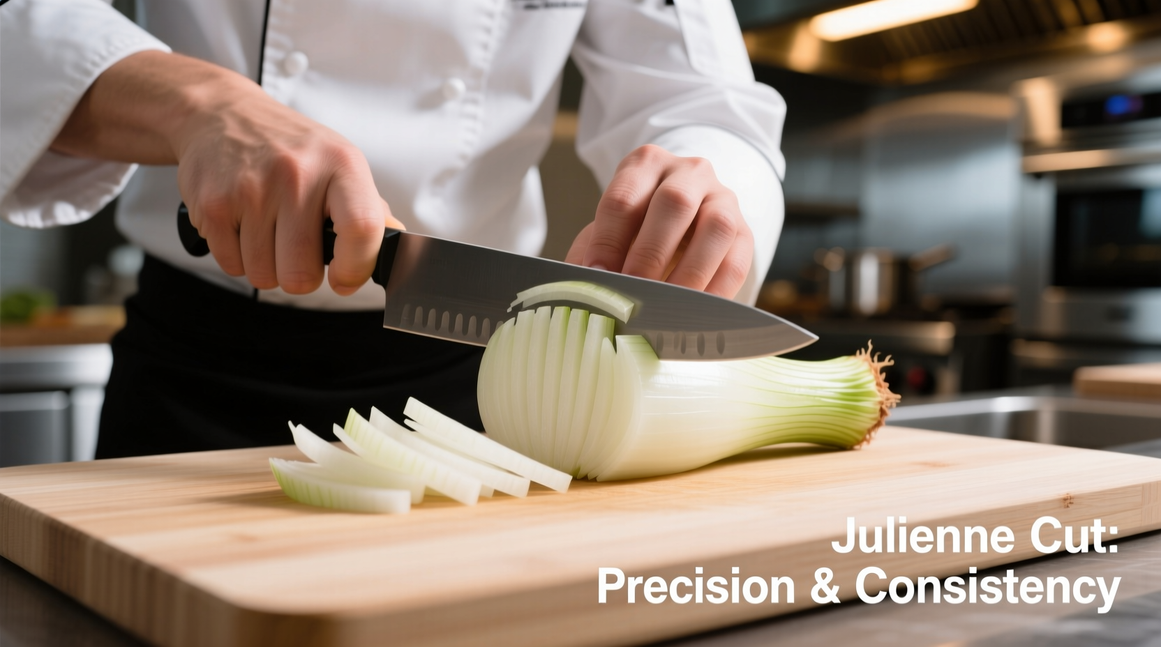 Chef demonstrating proper julienne cut technique on white onion