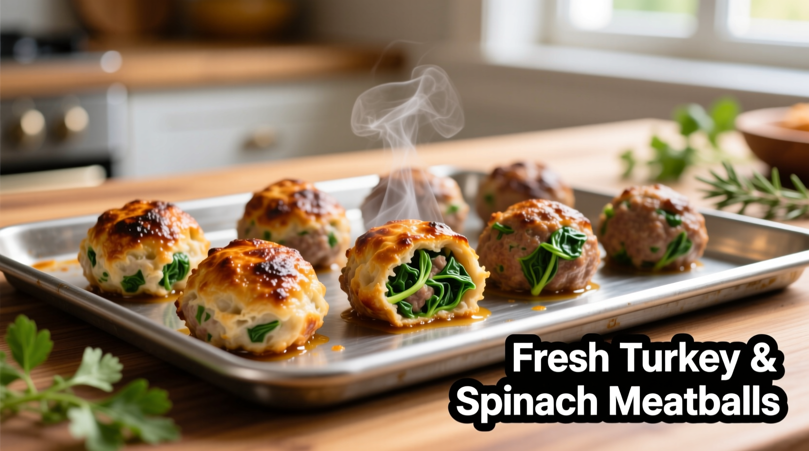 Fresh turkey spinach meatballs on baking sheet