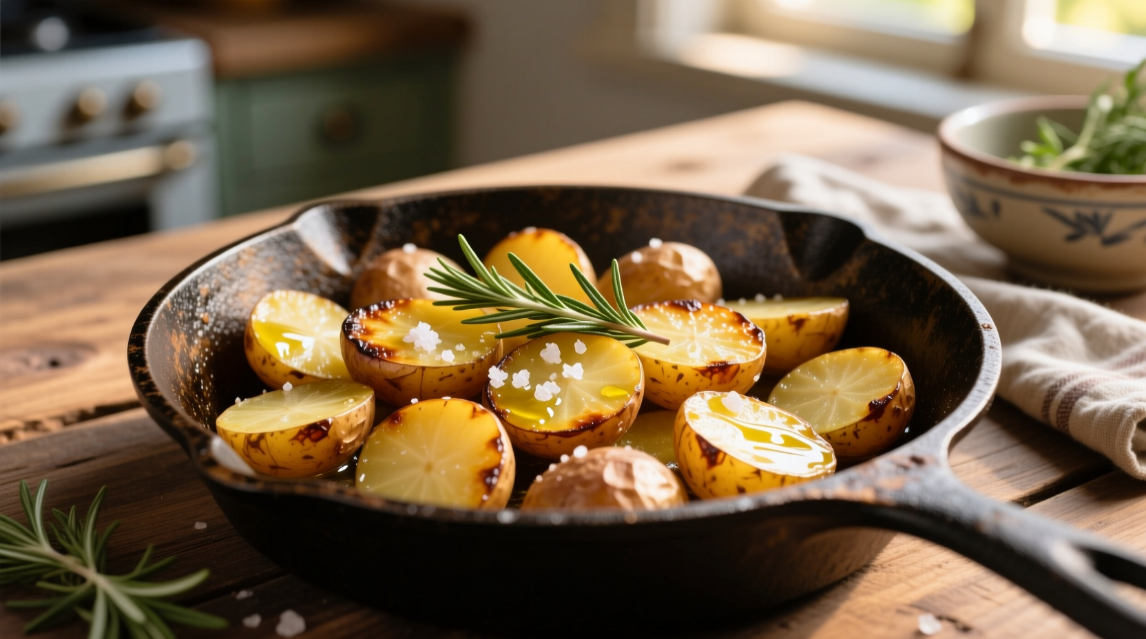 Golden brown sautéed potatoes in cast iron skillet
