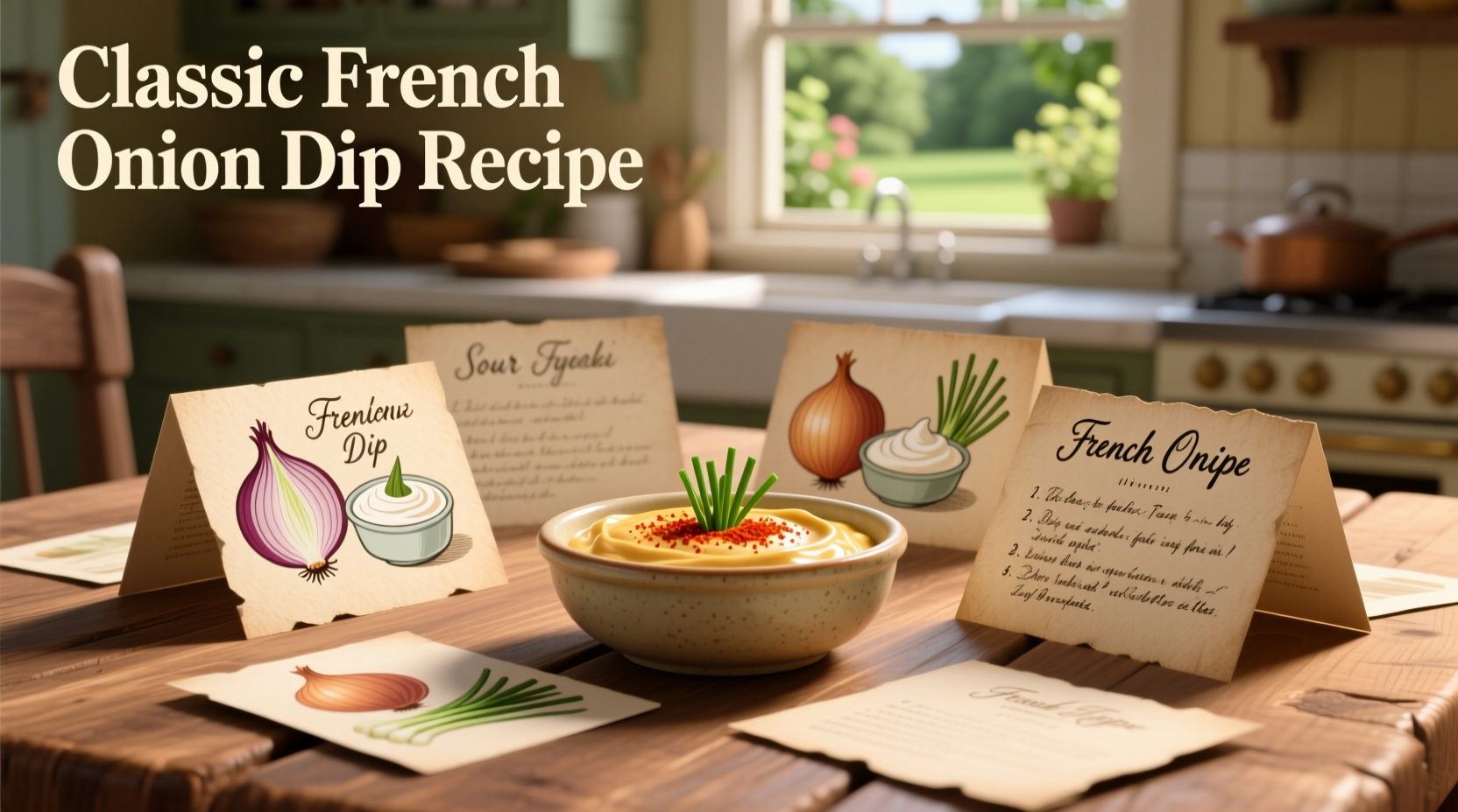 French onion dip recipes arranged on wooden table
