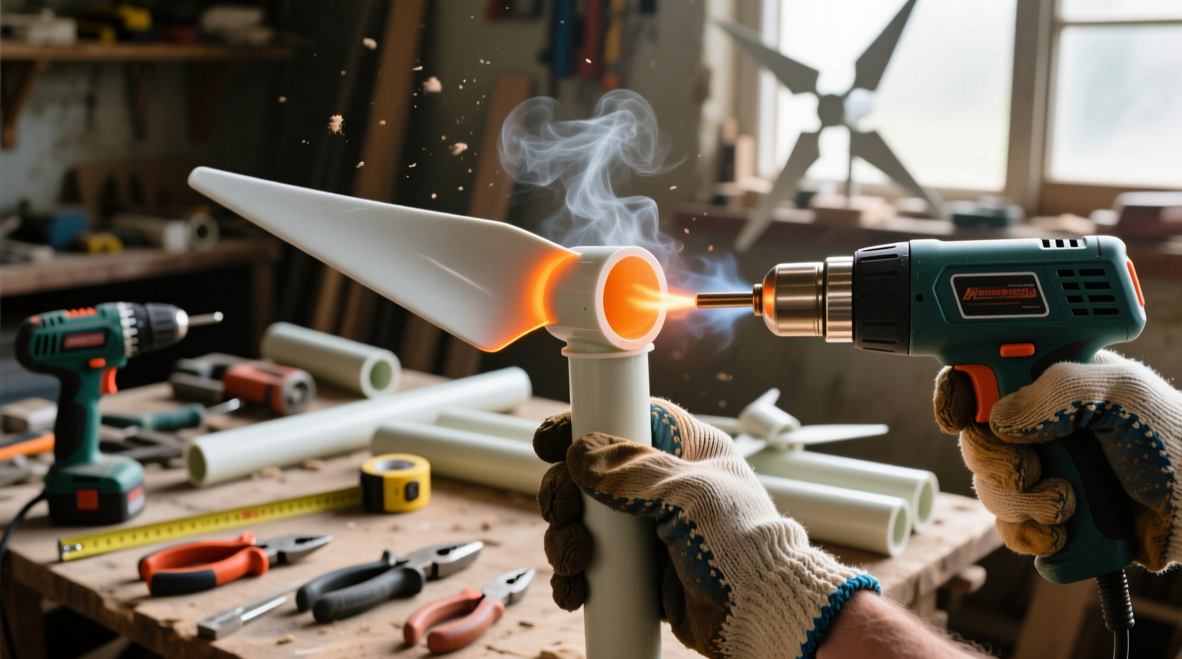Hand holding PVC pipe blade with heat gun during DIY wind turbine construction