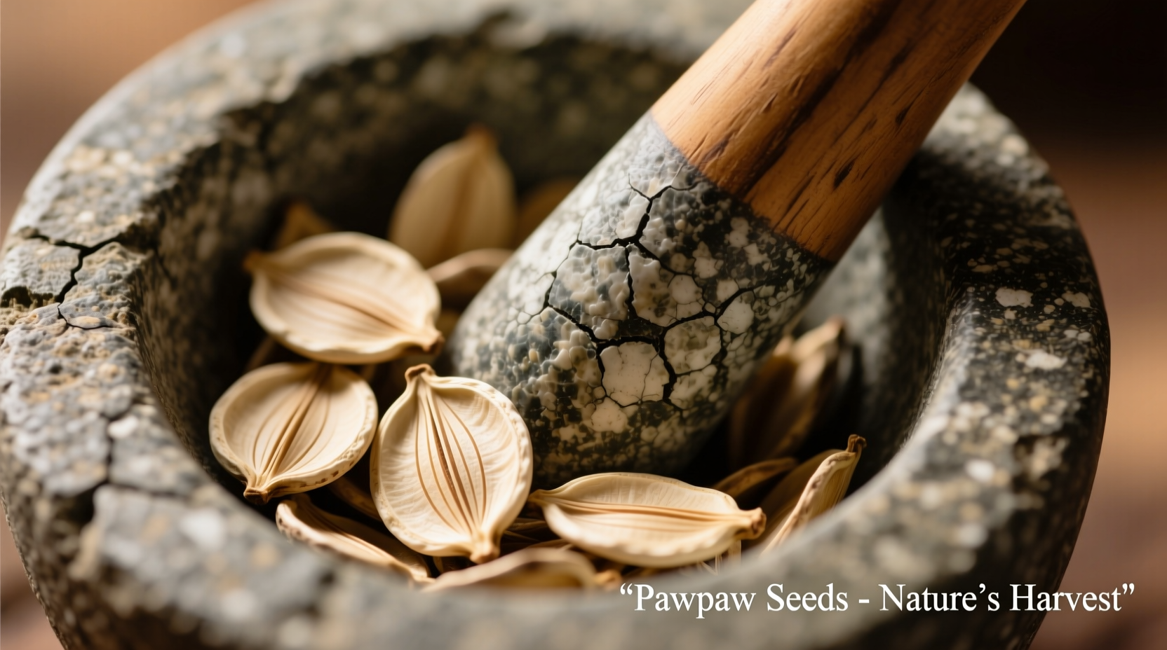 Dried paw paw seeds in mortar with pestle