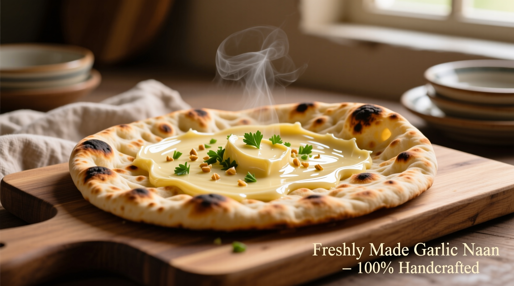 Freshly made garlic naan flatbread brushed with garlic butter