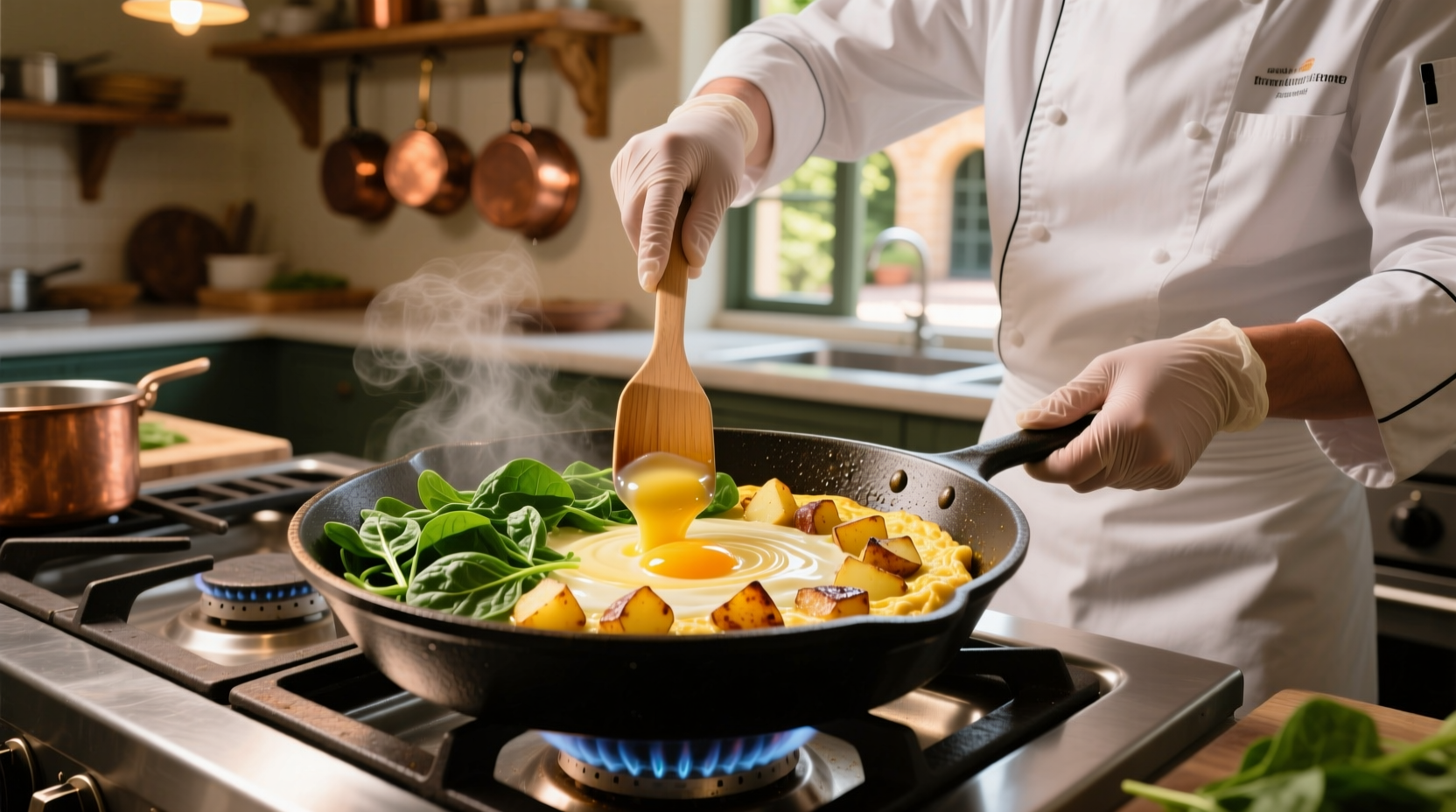 Chef preparing spinach and potato frittata in cast iron skillet