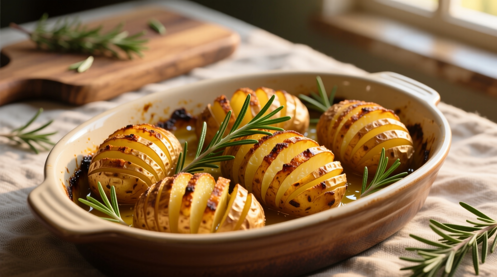 Golden hasselback potatoes with crispy edges and fresh rosemary