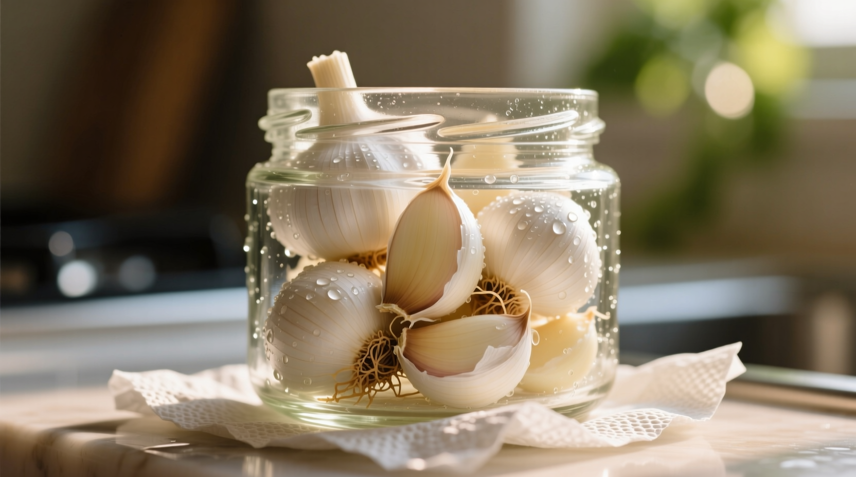 Fresh peeled garlic cloves in glass container with paper towel