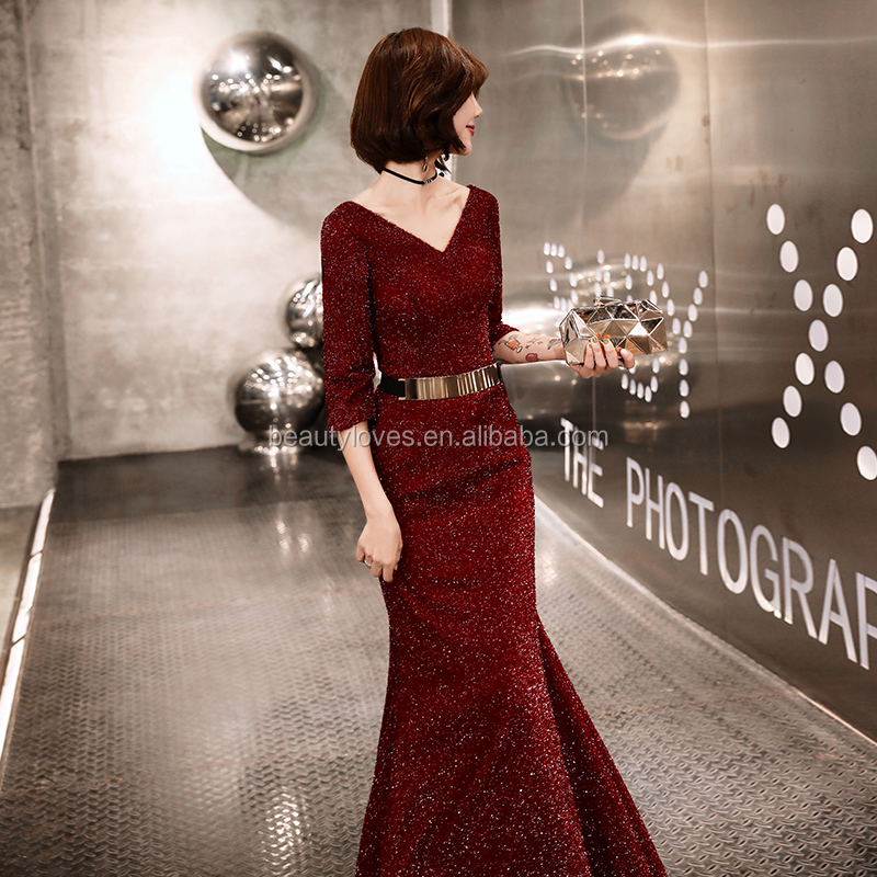Dark Red Evening Dress Gown Long Sleeve Vintage Muslim Mermaid Prom Dress  Special Occasion Formal Dresses