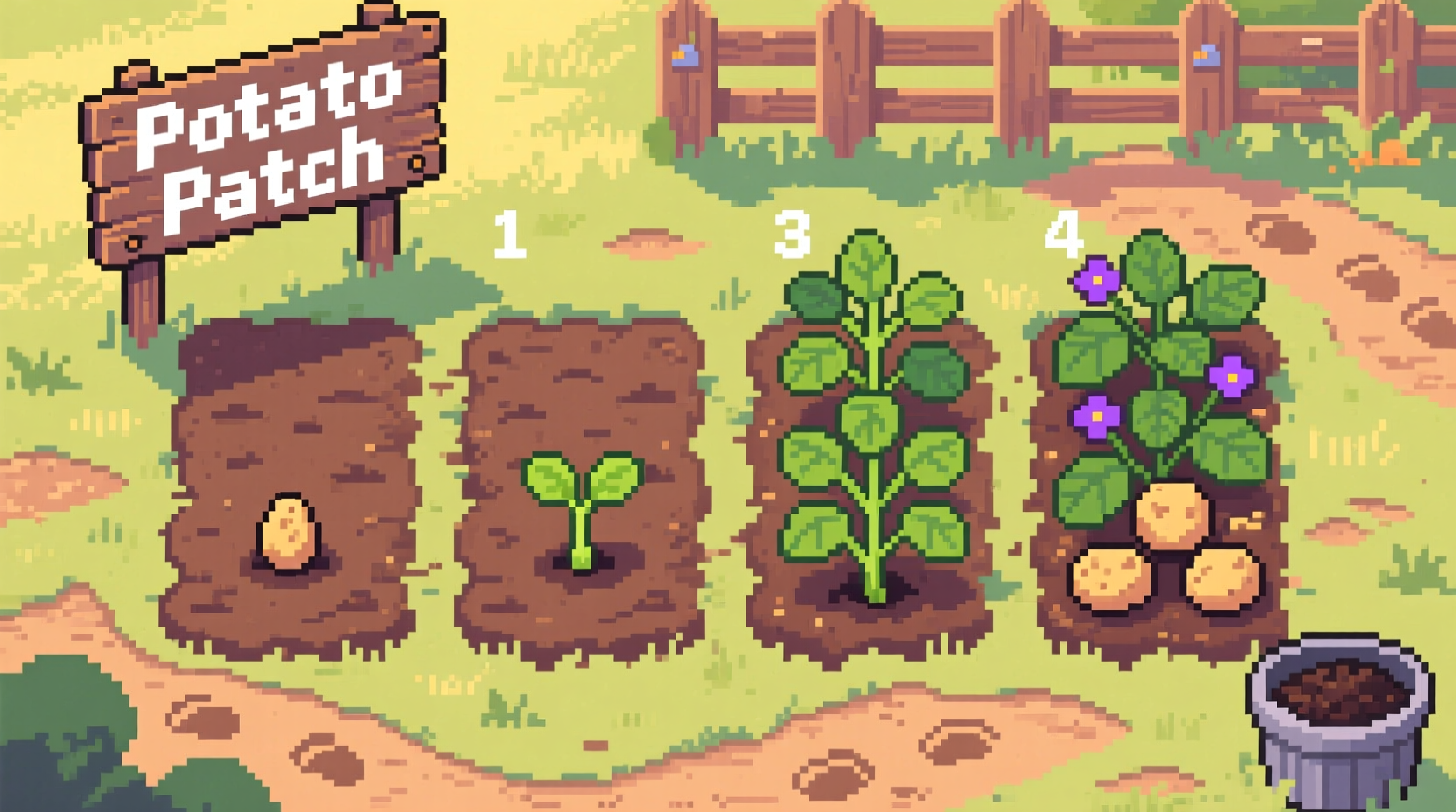 OSRS potato farming patch with growth stages