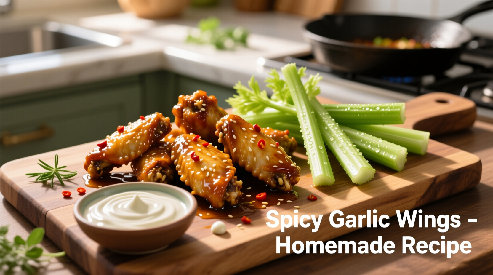 Homemade spicy garlic wings with celery sticks