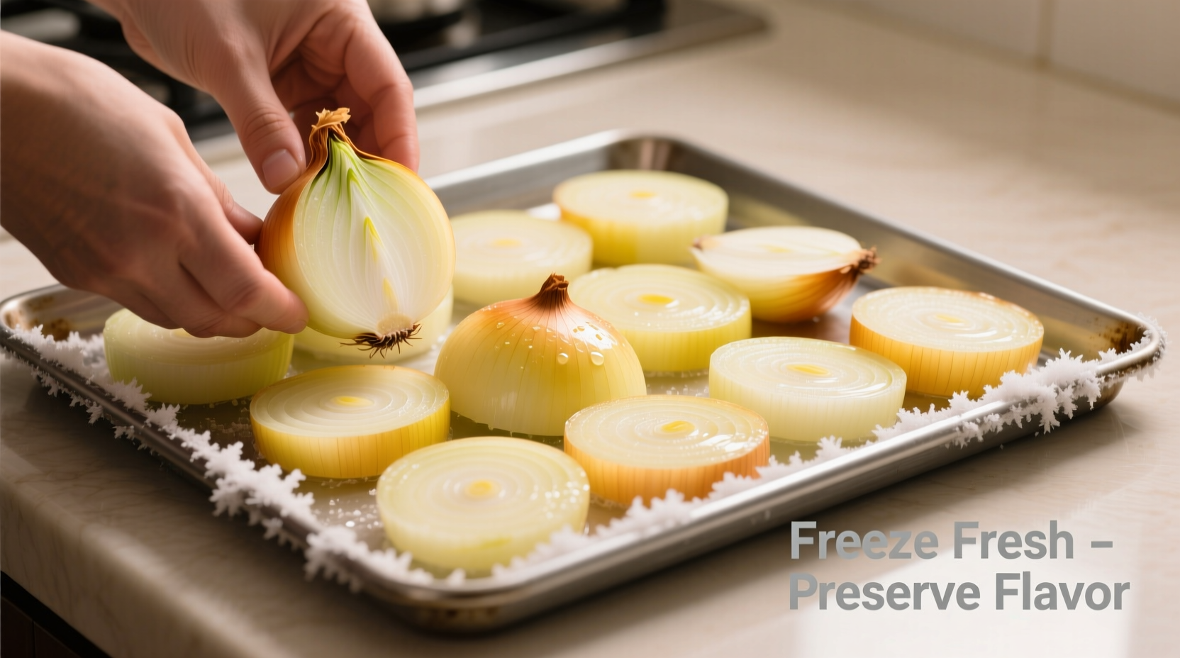 Fresh yellow onions being placed on a baking sheet for freezing