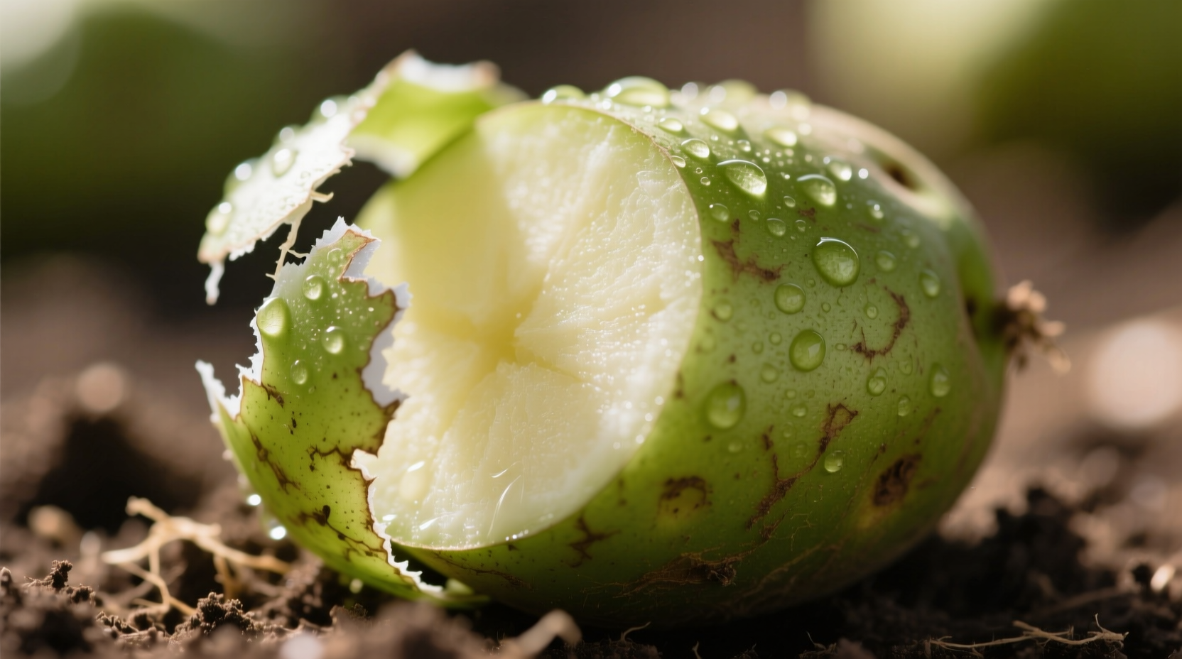Close-up of green potato with peeled section