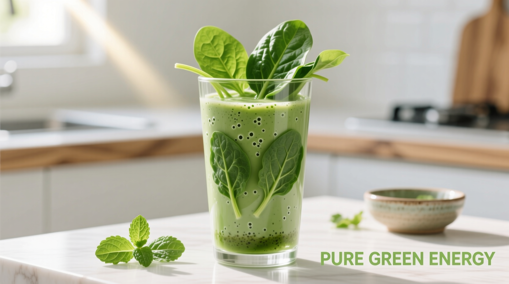 Fresh spinach shake in glass with spinach leaves