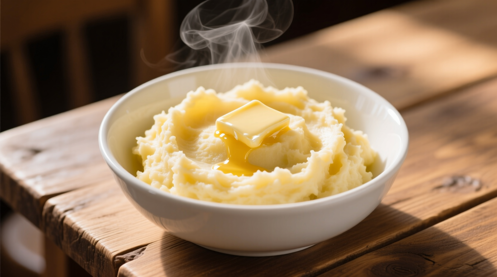 Creamy golden Yukon Gold mashed potatoes in white ceramic bowl