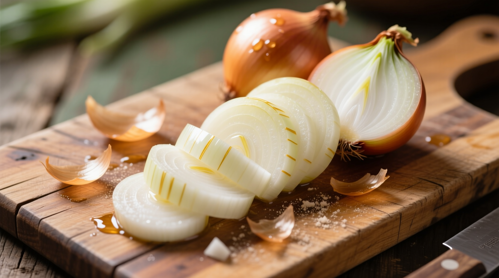 Fresh Walla Walla sweet onions on wooden cutting board