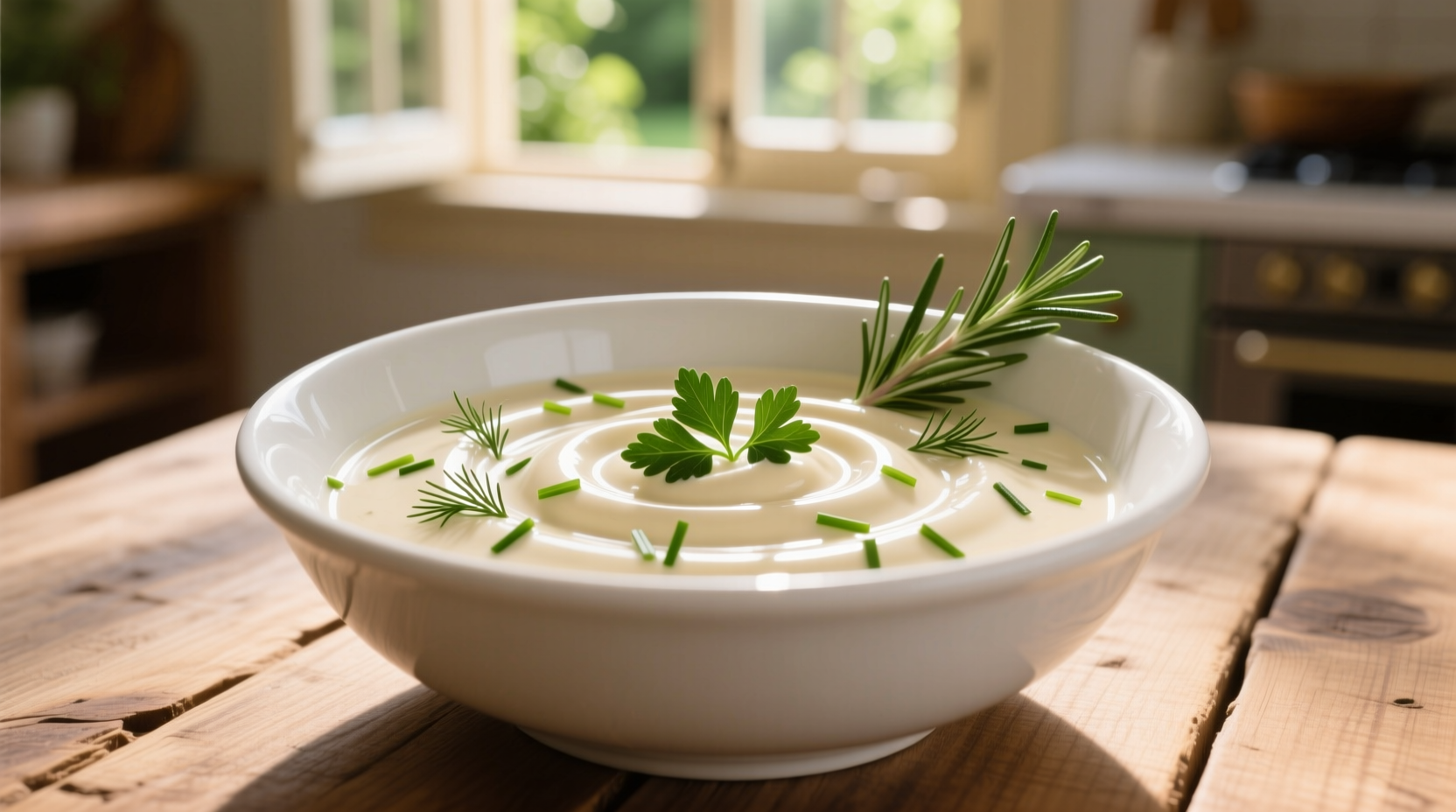 Creamy garlic sauce in white bowl with herbs