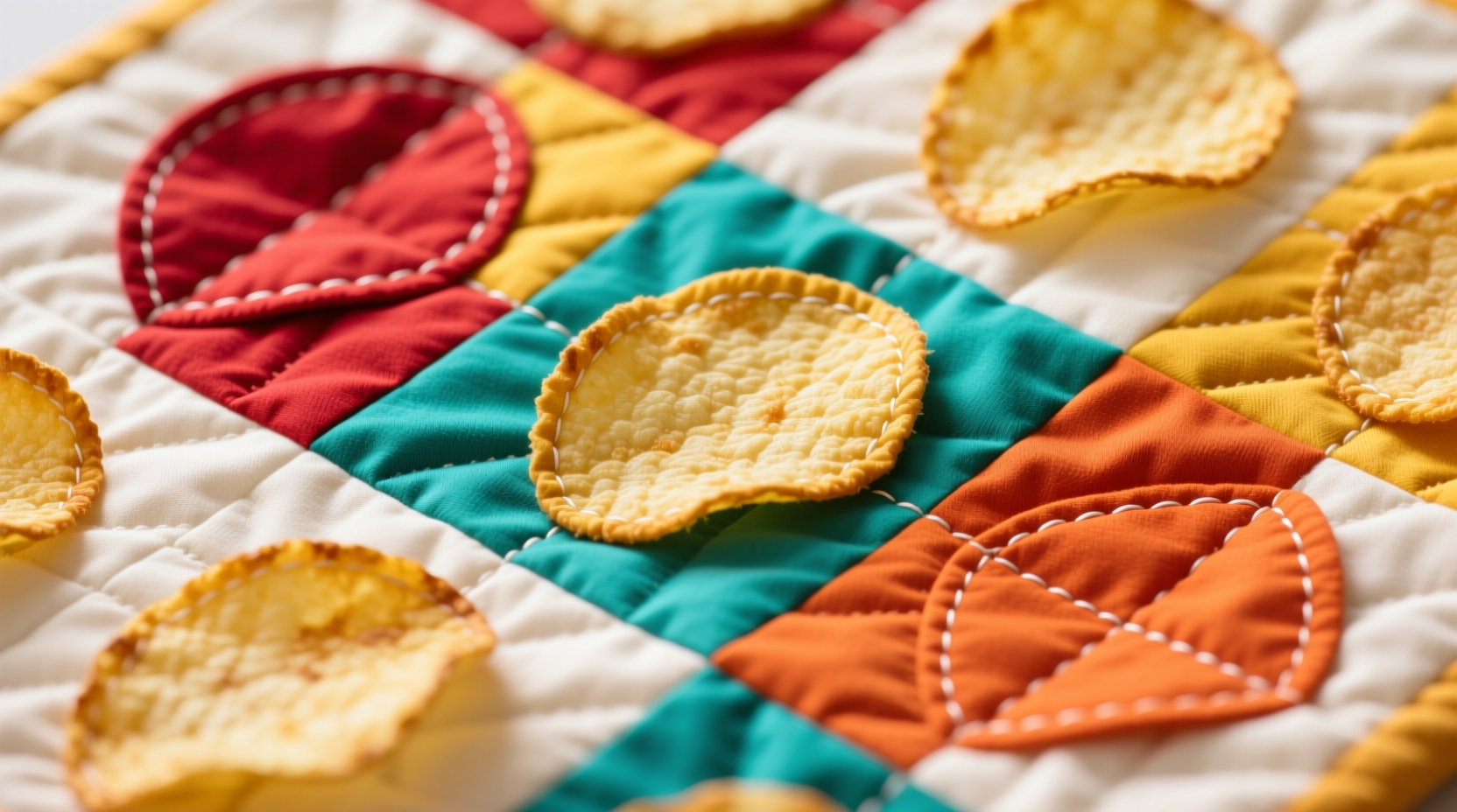 Close-up of colorful potato chip quilt pattern pieces arranged