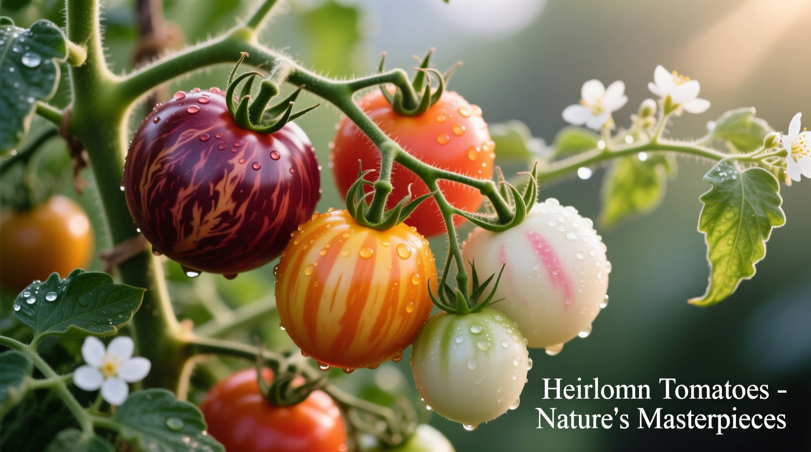 Close-up of various heirloom tomato varieties on vine