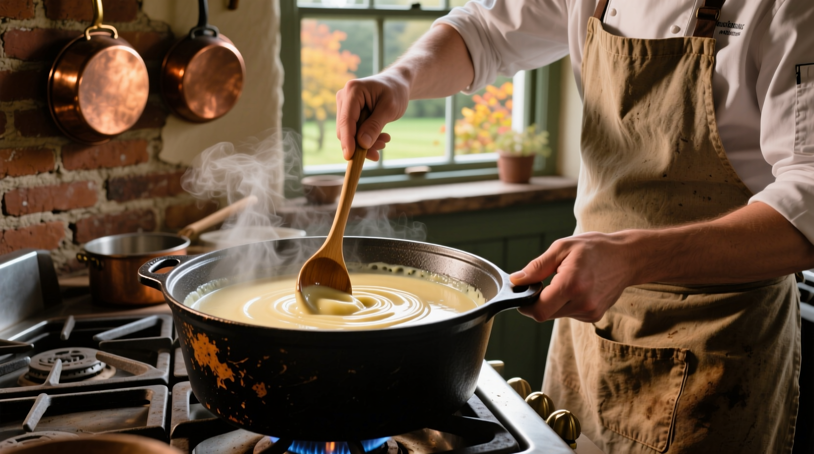 Chef stirring creamy potato soup in cast iron pot