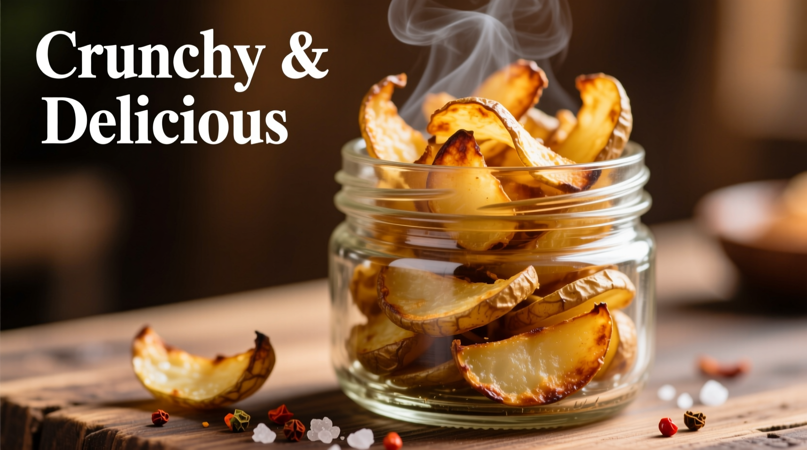 Crispy roasted potato peelings in glass jar