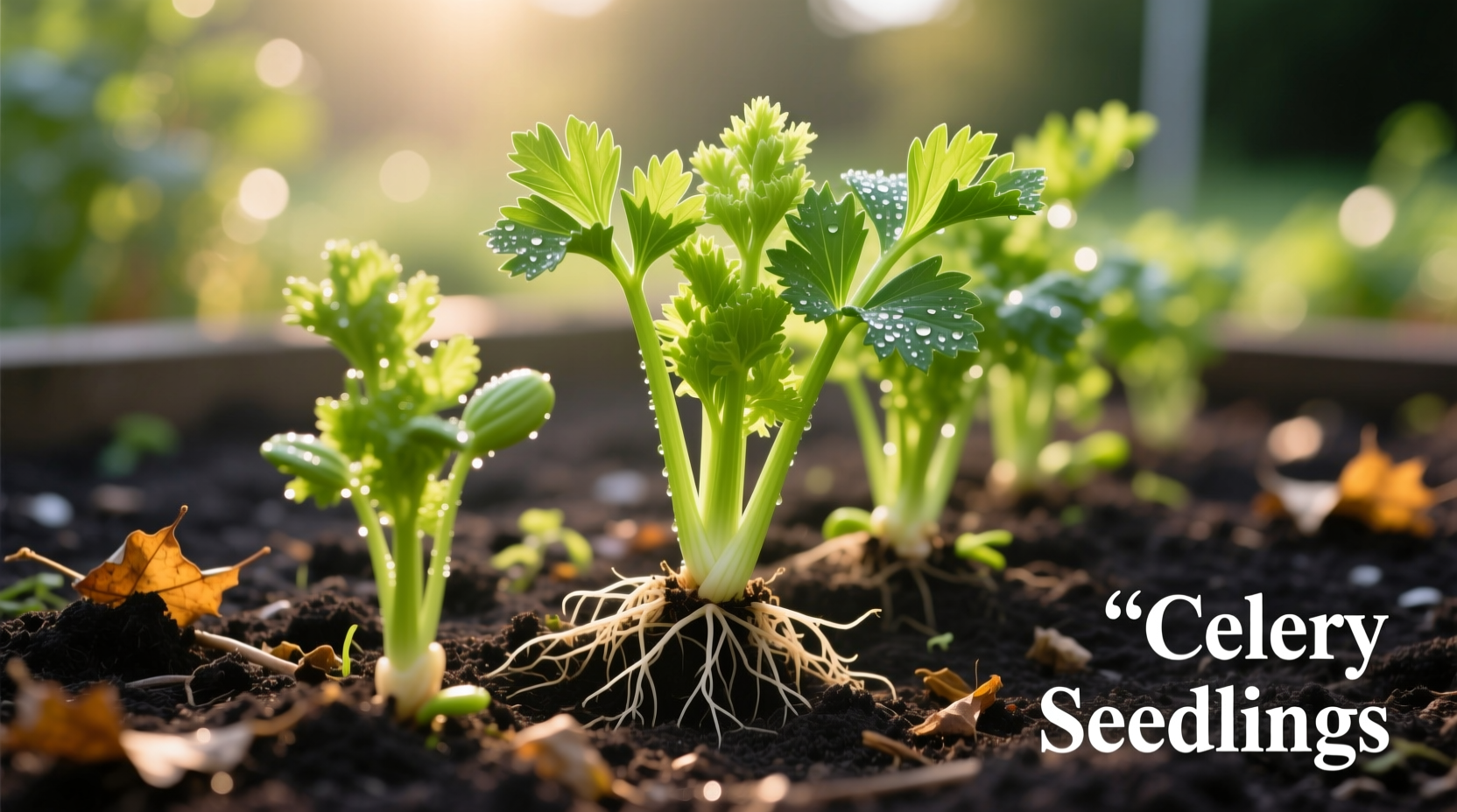 Celery seedlings growing in garden bed