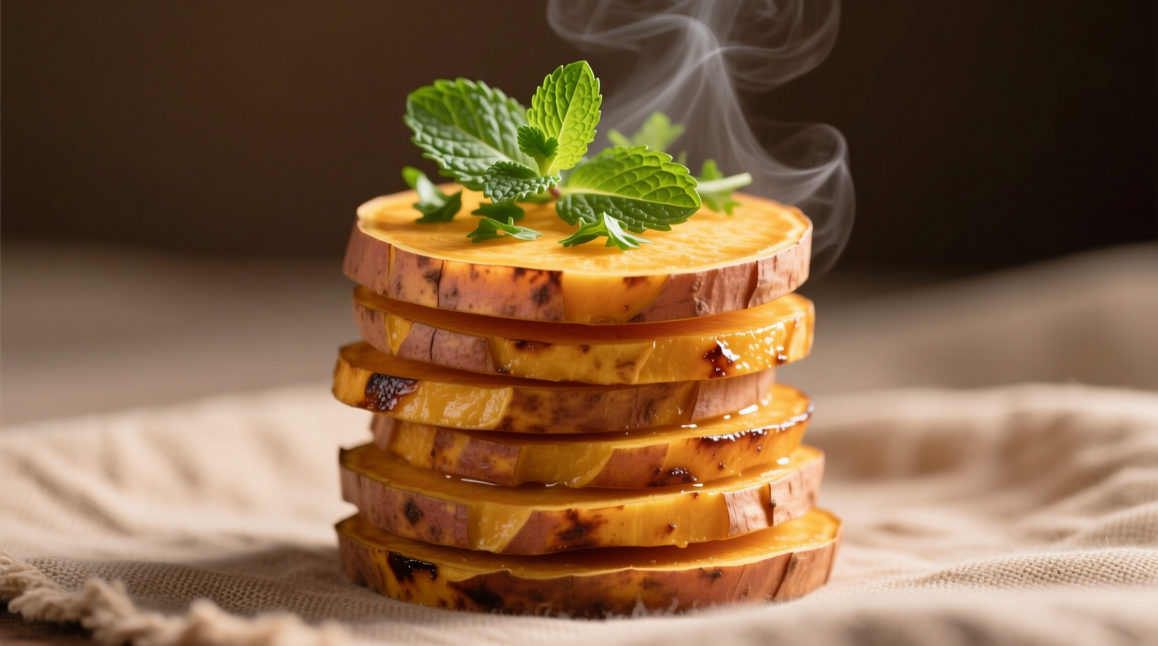 Perfectly layered sweet potato stacks with herb garnish