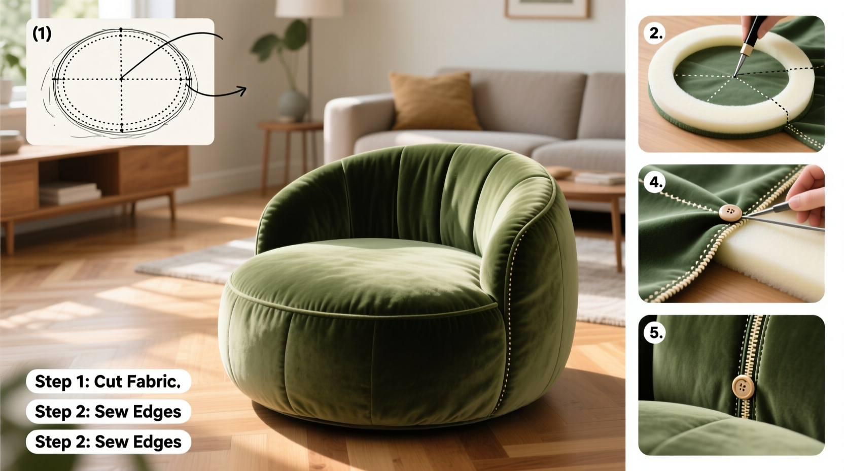 creative step by step guide how to make a comfortable round puff with backrest for your living space