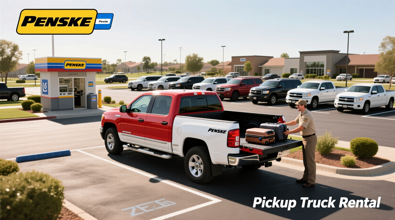 Penske pickup truck rental showing side view of yellow 12-foot truck on urban street