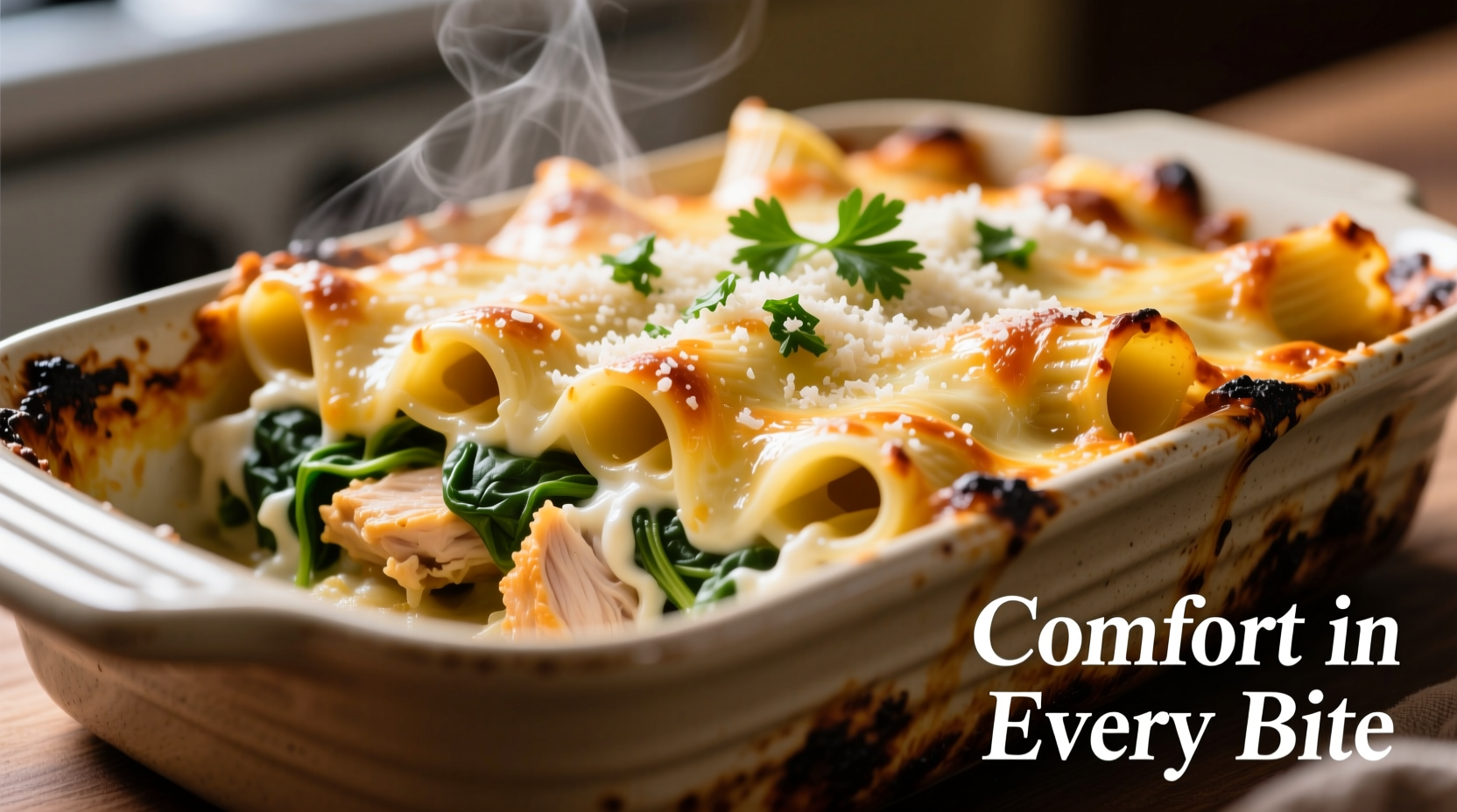 Baked manicotti chicken spinach casserole with melted cheese