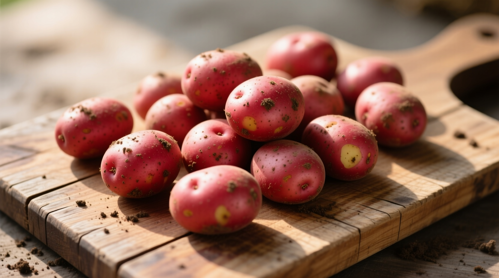 Red potatoes arranged on wooden cutting board