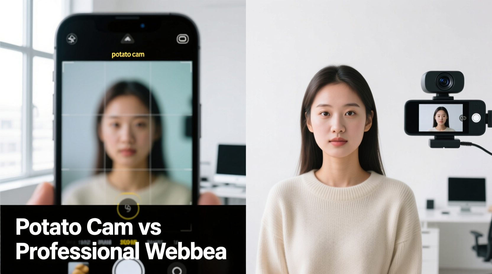 Side-by-side comparison of potato cam versus professional webcam quality