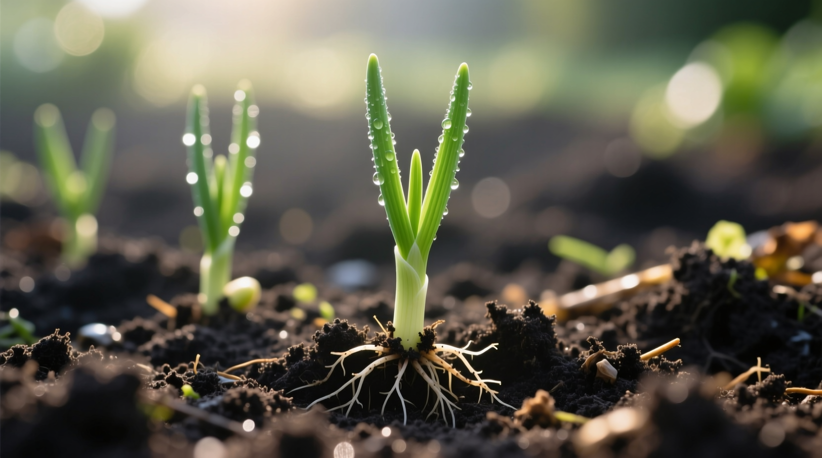 Close-up of onion seedlings in garden soil