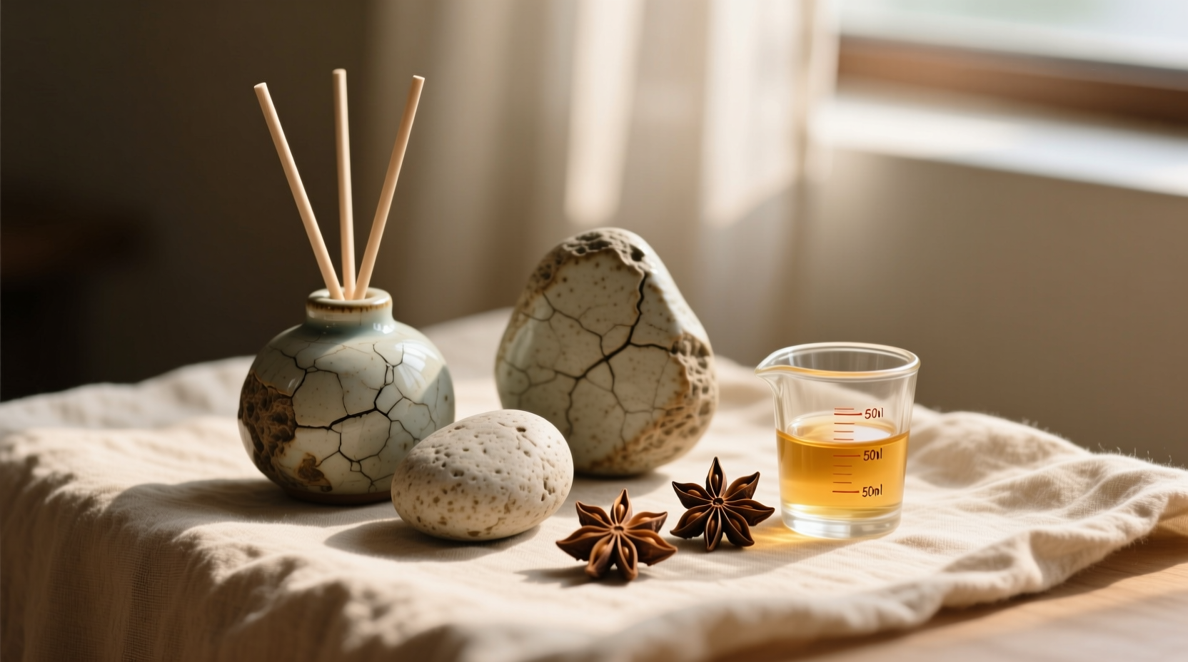 Three ceramic diffuser stones arranged on a folded natural linen cloth beside two whole star anise pods and a small glass measuring cup with pale amber liquid—natural daylight, no artificial lighting, shallow depth of field emphasizing texture