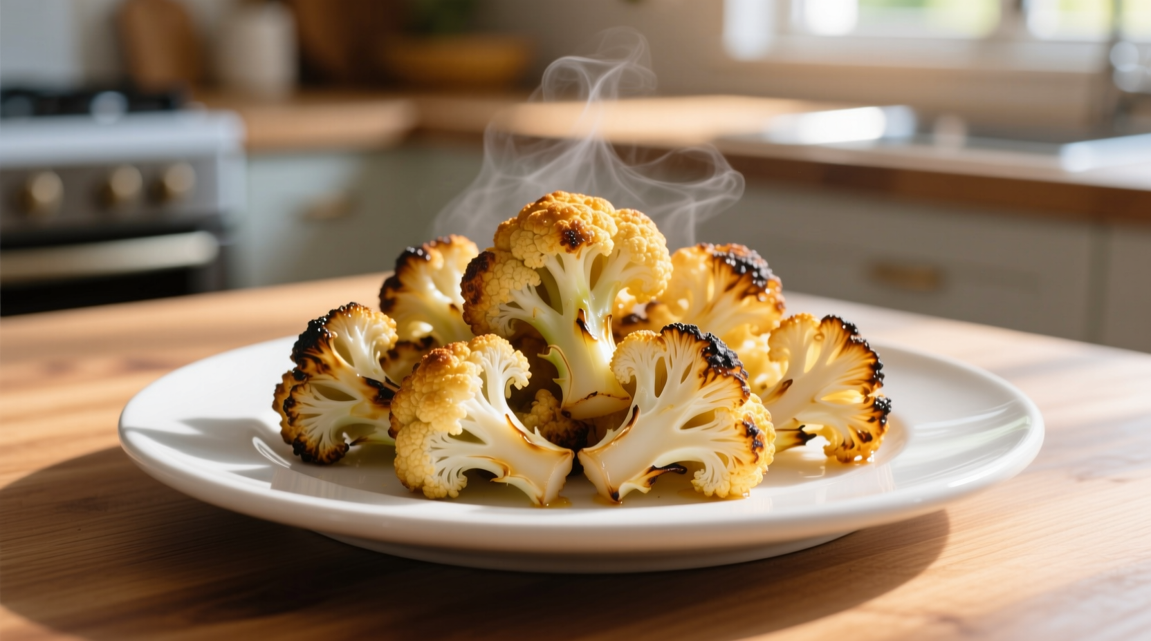 Cooked cauliflower florets on white plate
