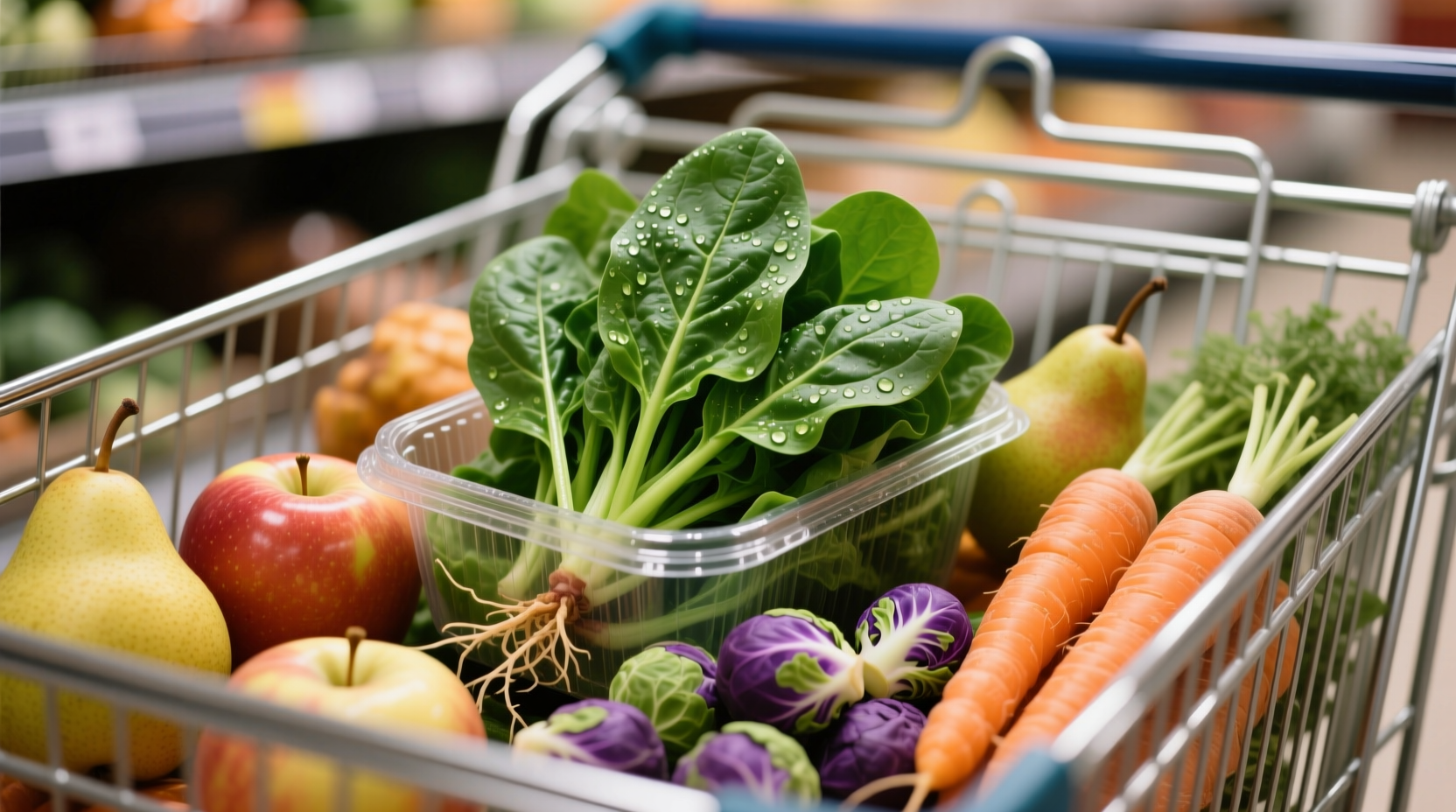 Fresh Aldi spinach in grocery cart with seasonal produce