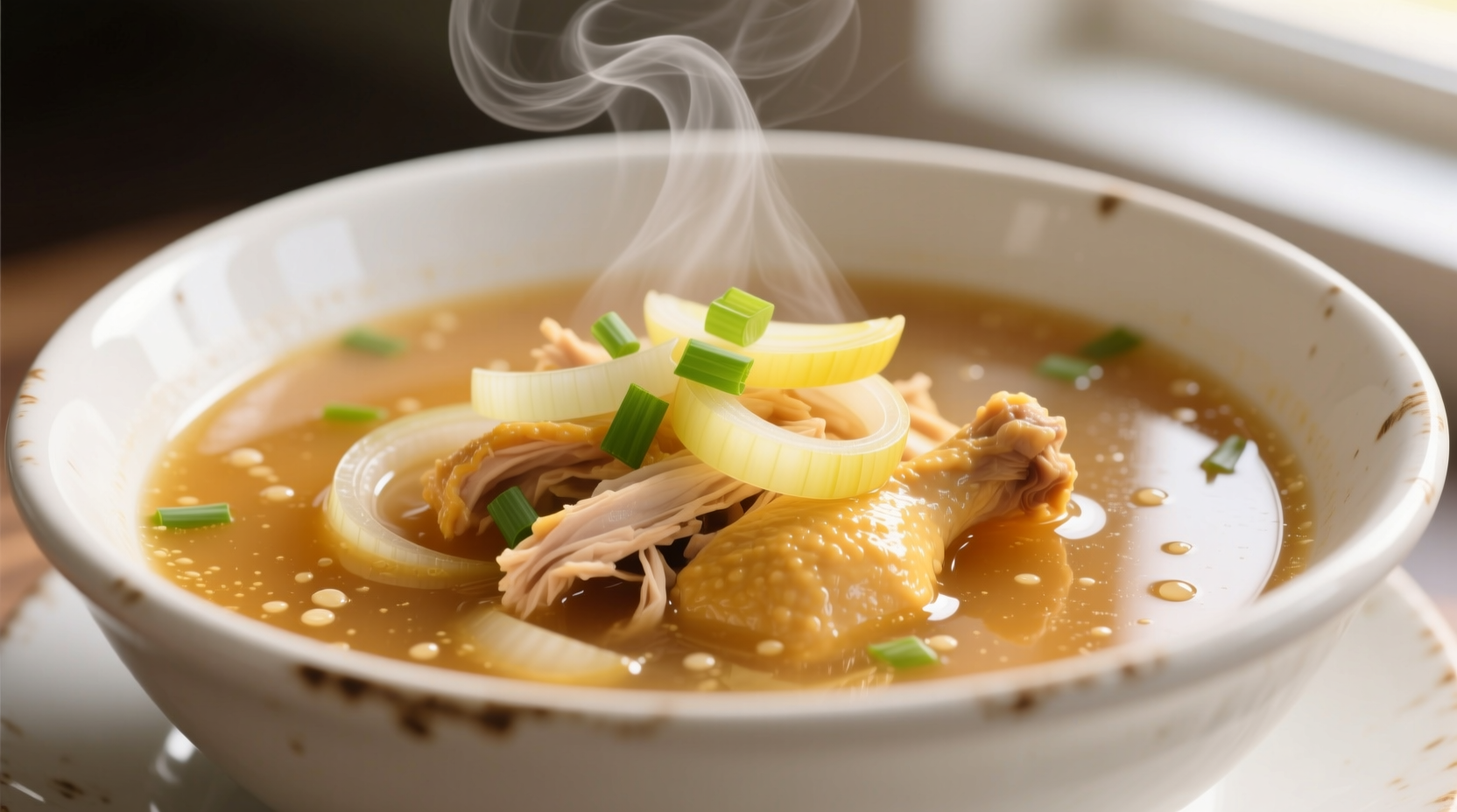 Golden chicken onion soup in white bowl
