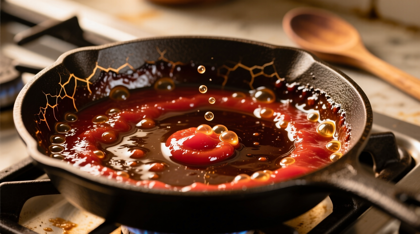 Close-up of tomato paste being caramelized in a skillet