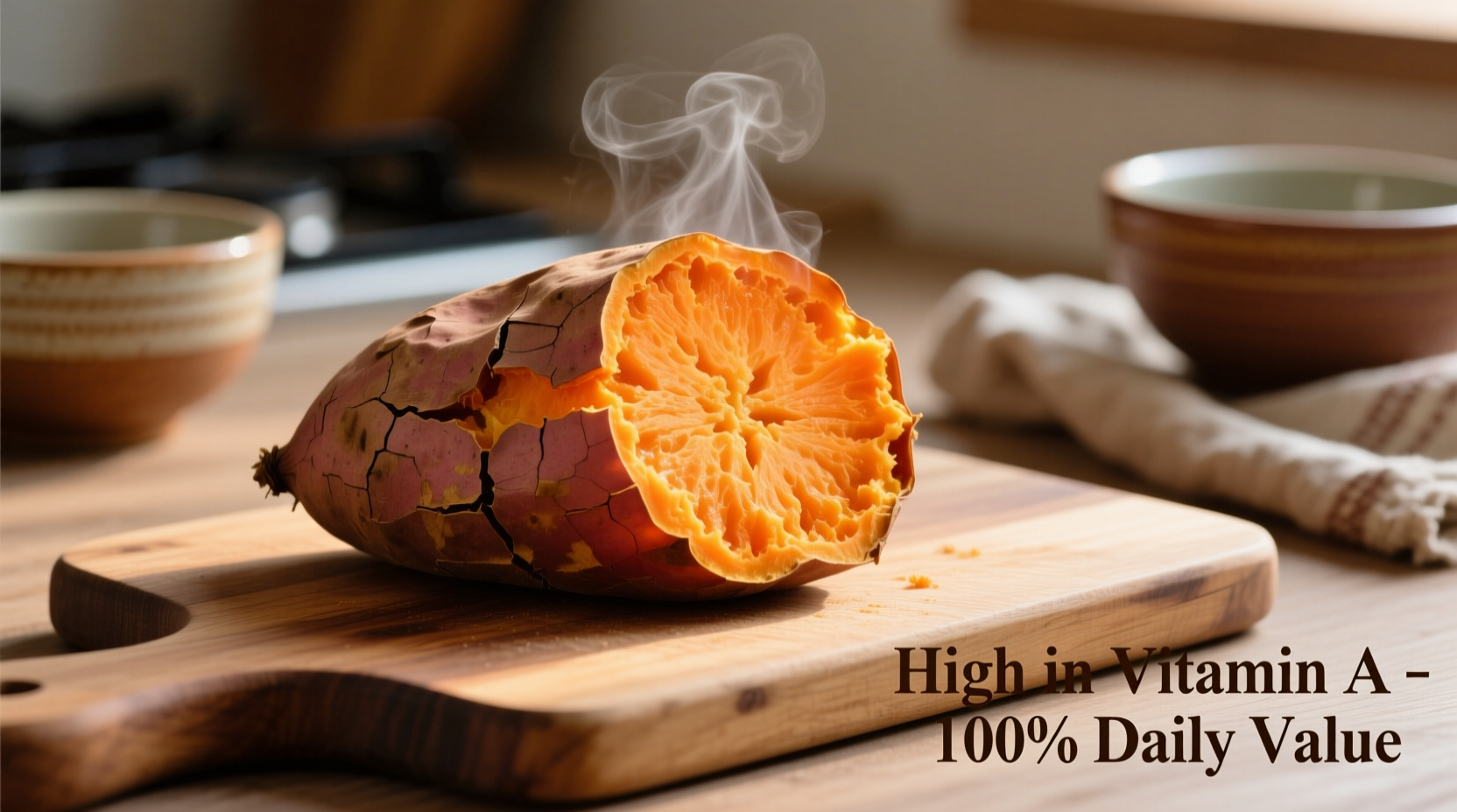 Baked sweet potato with vibrant orange flesh showing high vitamin A content