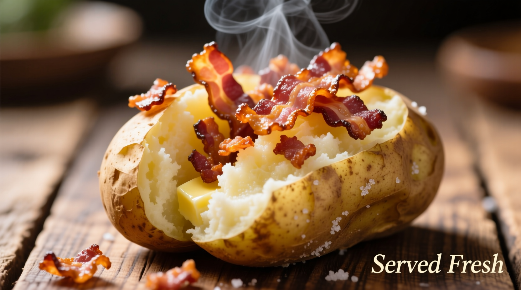Crispy bacon bits sprinkled over fluffy baked potato