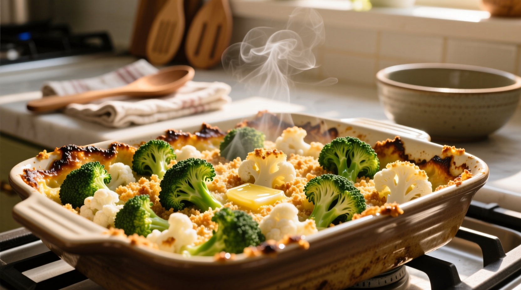 Golden broccoli cauliflower bake fresh from oven