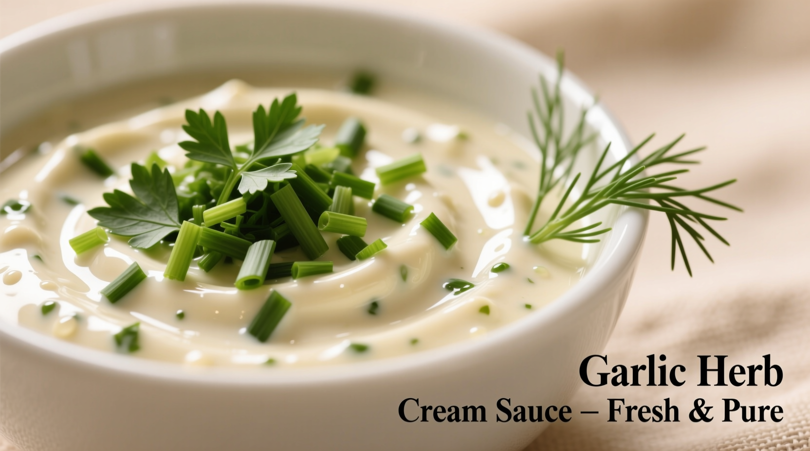 Creamy garlic sauce in white bowl with fresh herbs