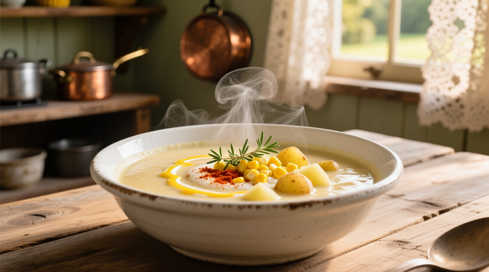 Creamy corn and potato chowder in white bowl