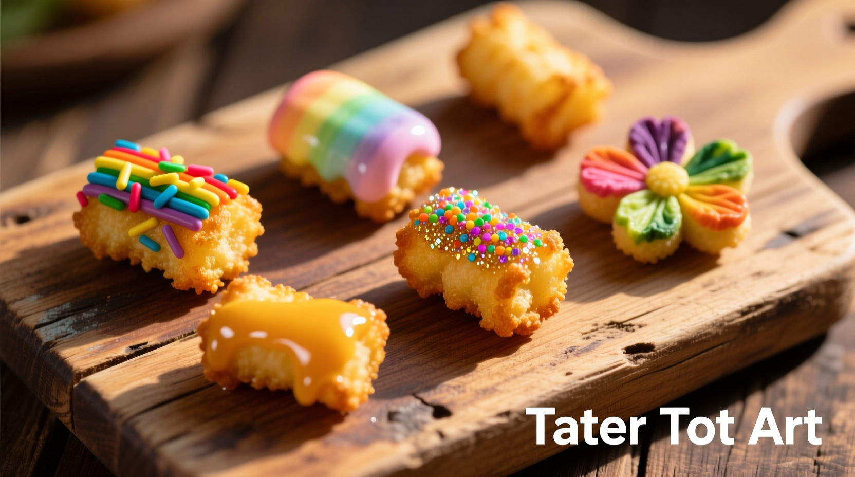 Colorful tater tot variations on wooden board