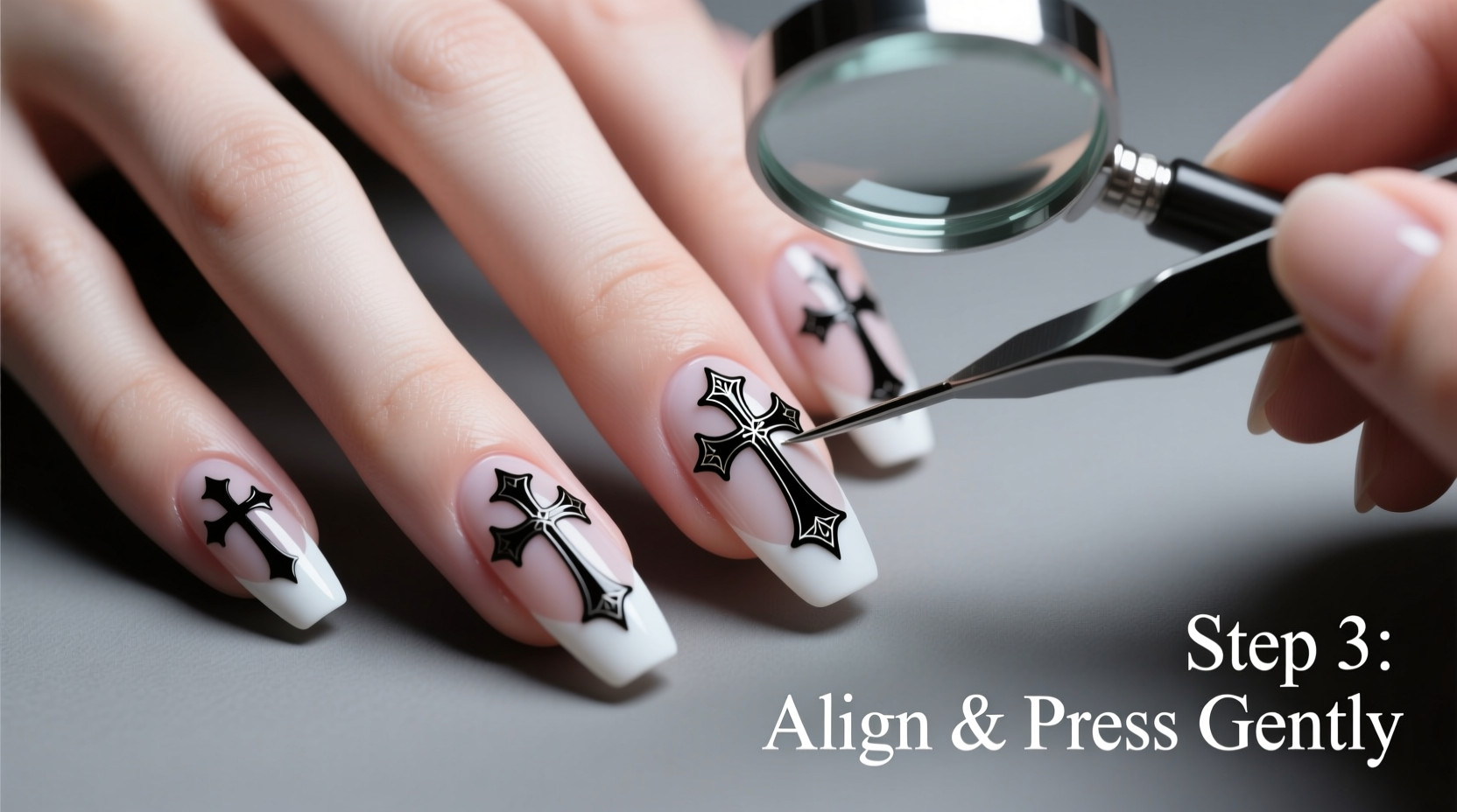step by step guide to perfectly applying gothic cross nail stickers at home