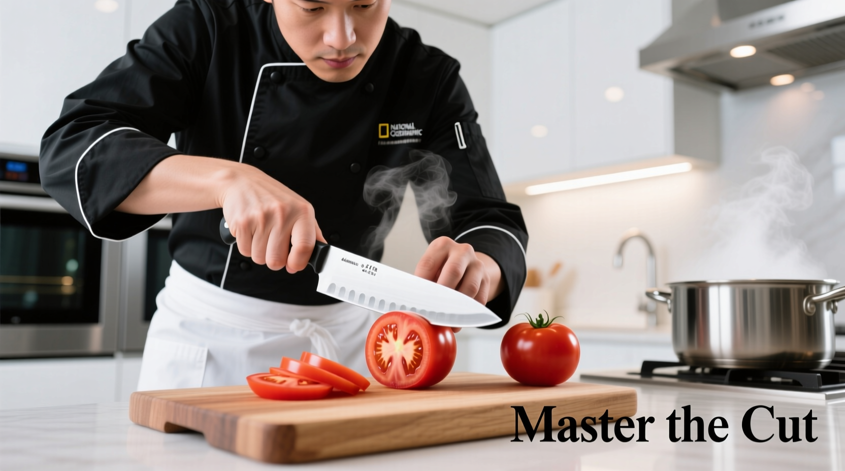 Professional chef demonstrating proper tomato cutting technique