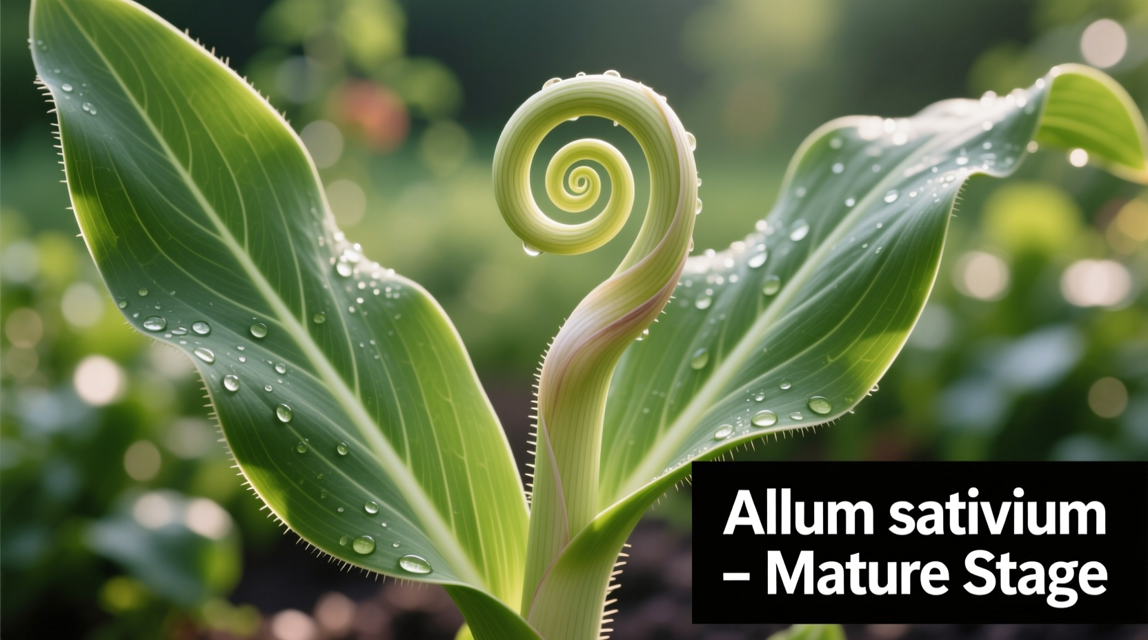 Close-up of mature garlic plant showing flat leaves and curling scape