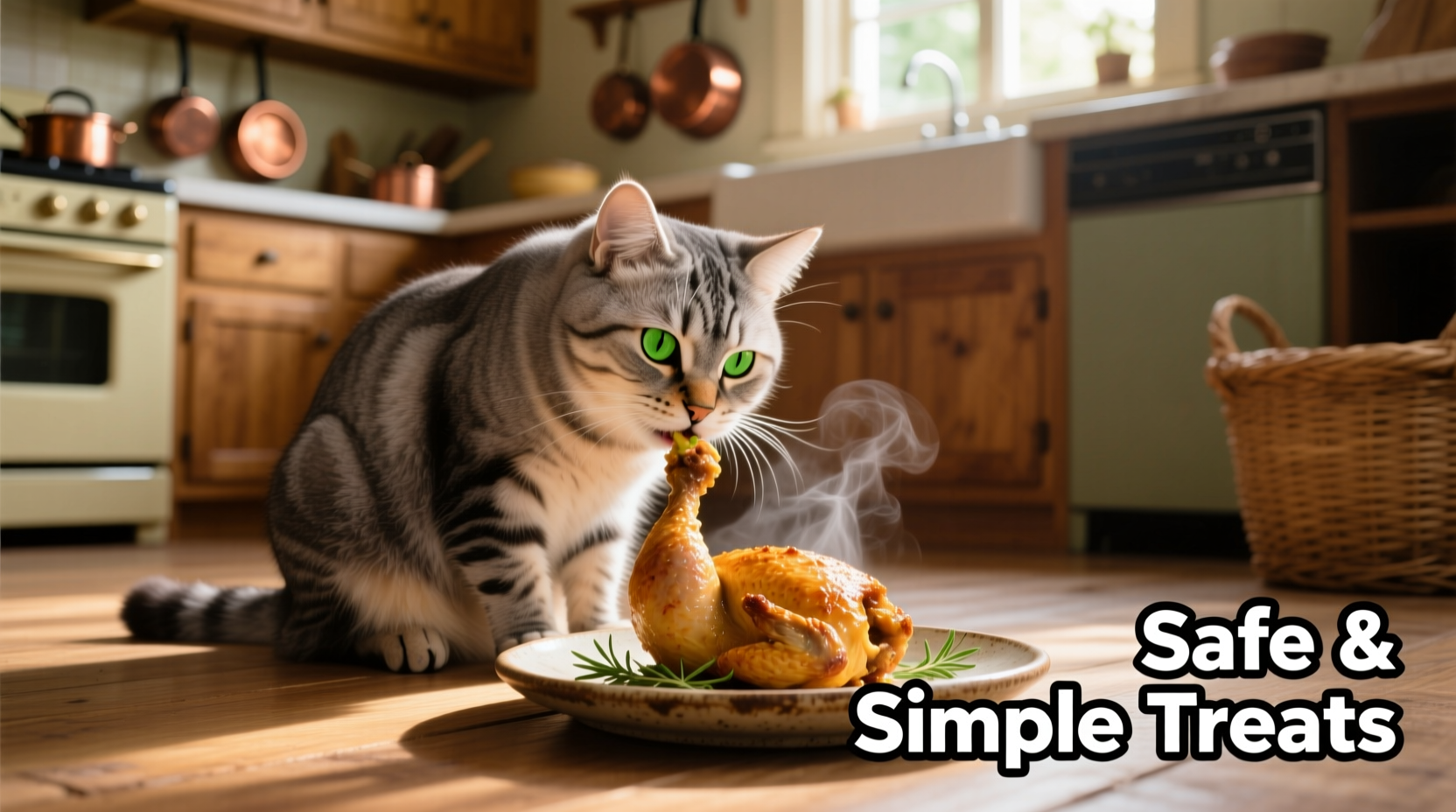 Cat safely eating small portion of cooked chicken