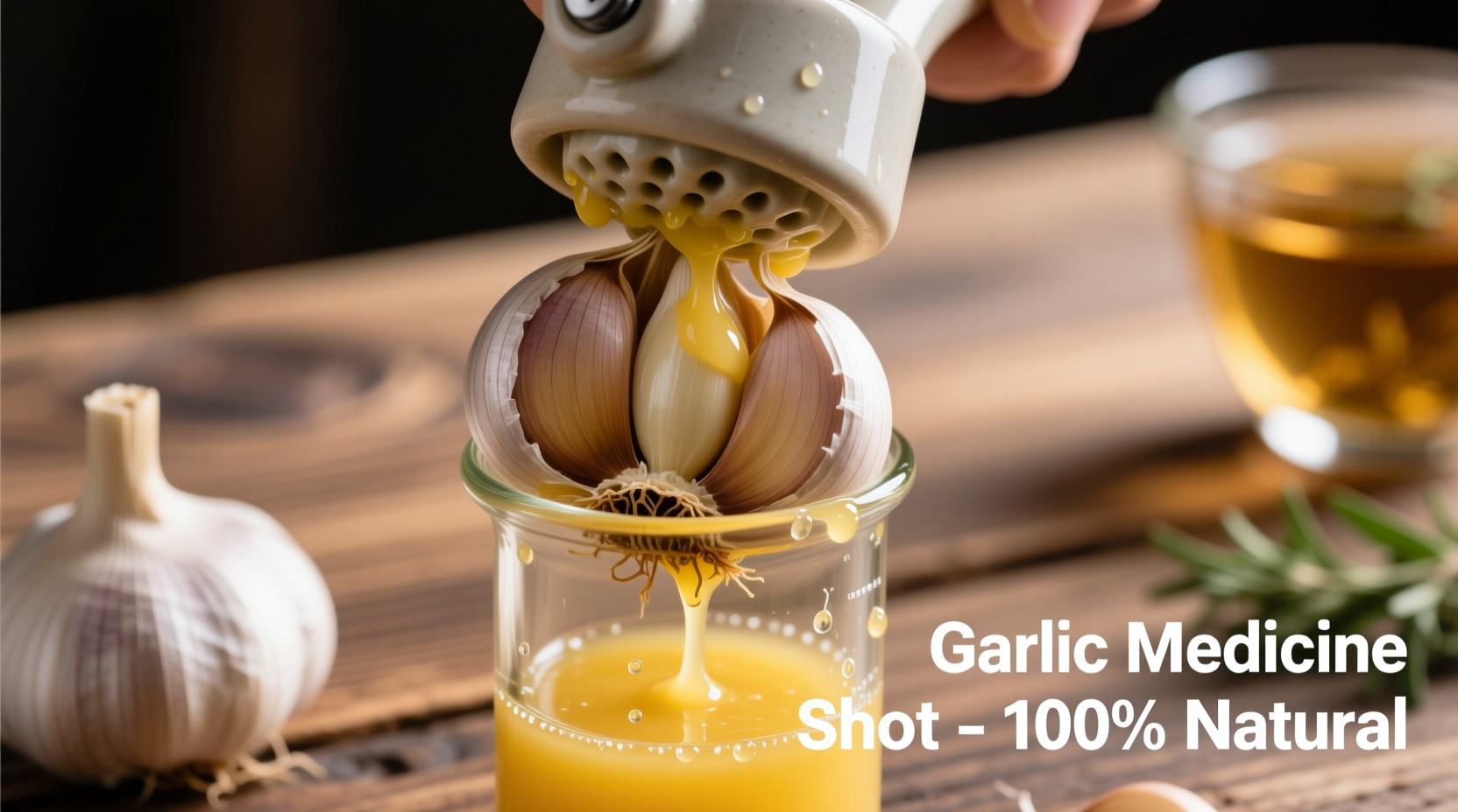Fresh garlic cloves being pressed for medicinal shots